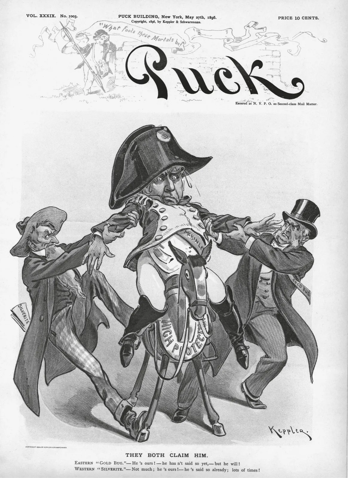 1896 年 Puck 关于金本位与自由白银争论的政治漫画